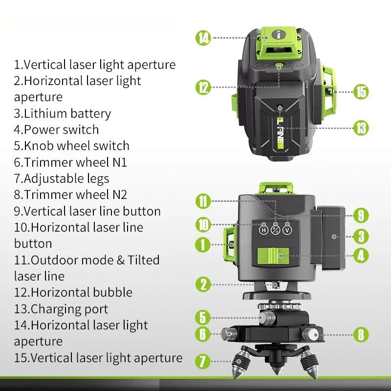 Green 16-line 3D self-levelling laser level on a work surface showing multiple projected lines.