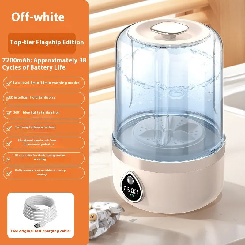 Portable white plastic mini washing machine with USB charging port and compact dimensions