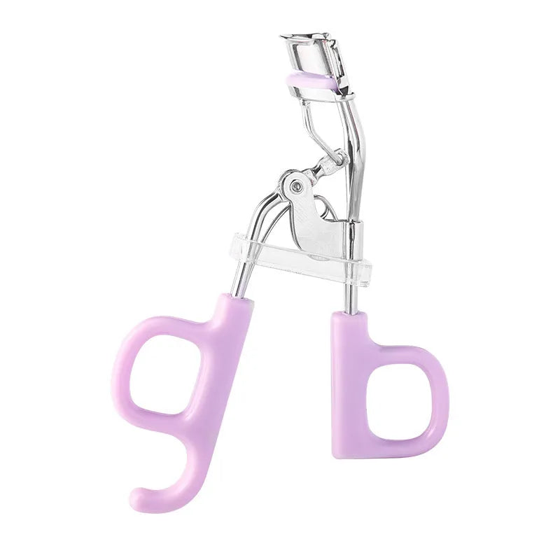 A4 chrome scissors handle eyelash curler with tail, shown in pink and purple colour options.