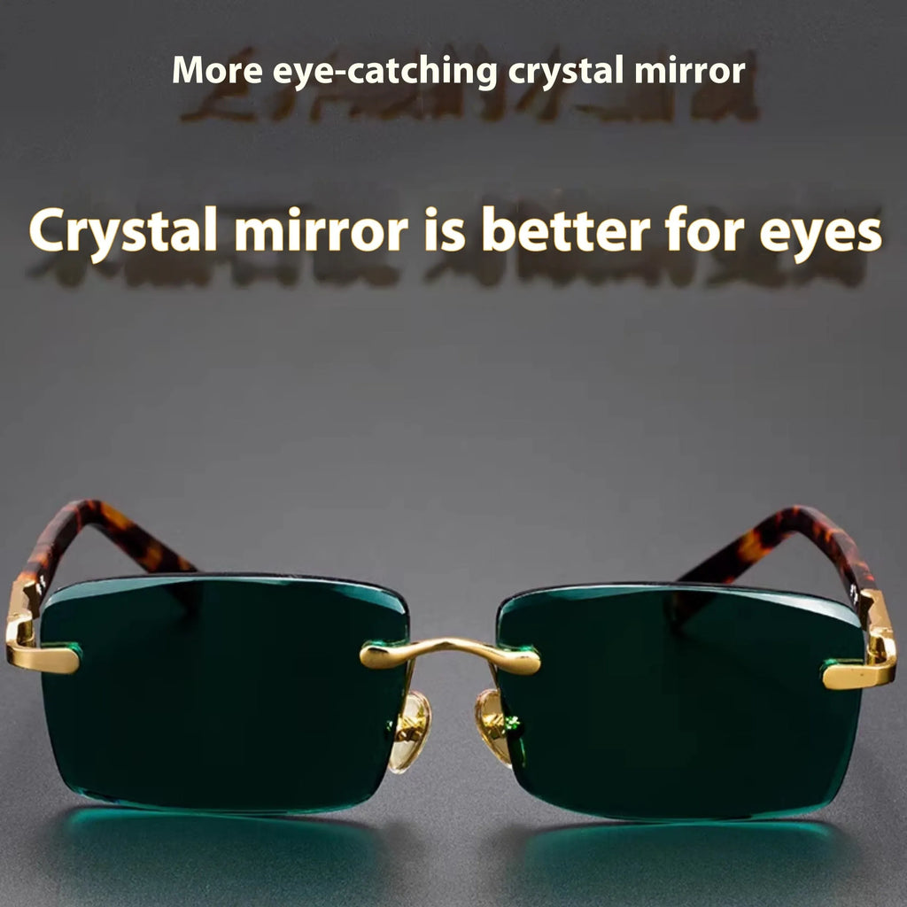 Dark green crystal frameless sunglasses with protective case and lens cleaning cloth