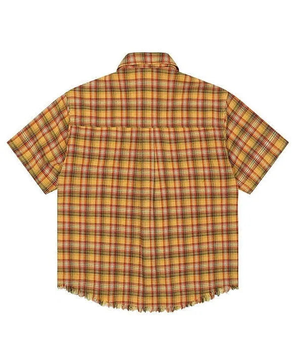 Yellow grid pattern short sleeve plaid shirt with embroidery pocket detail in loose fit