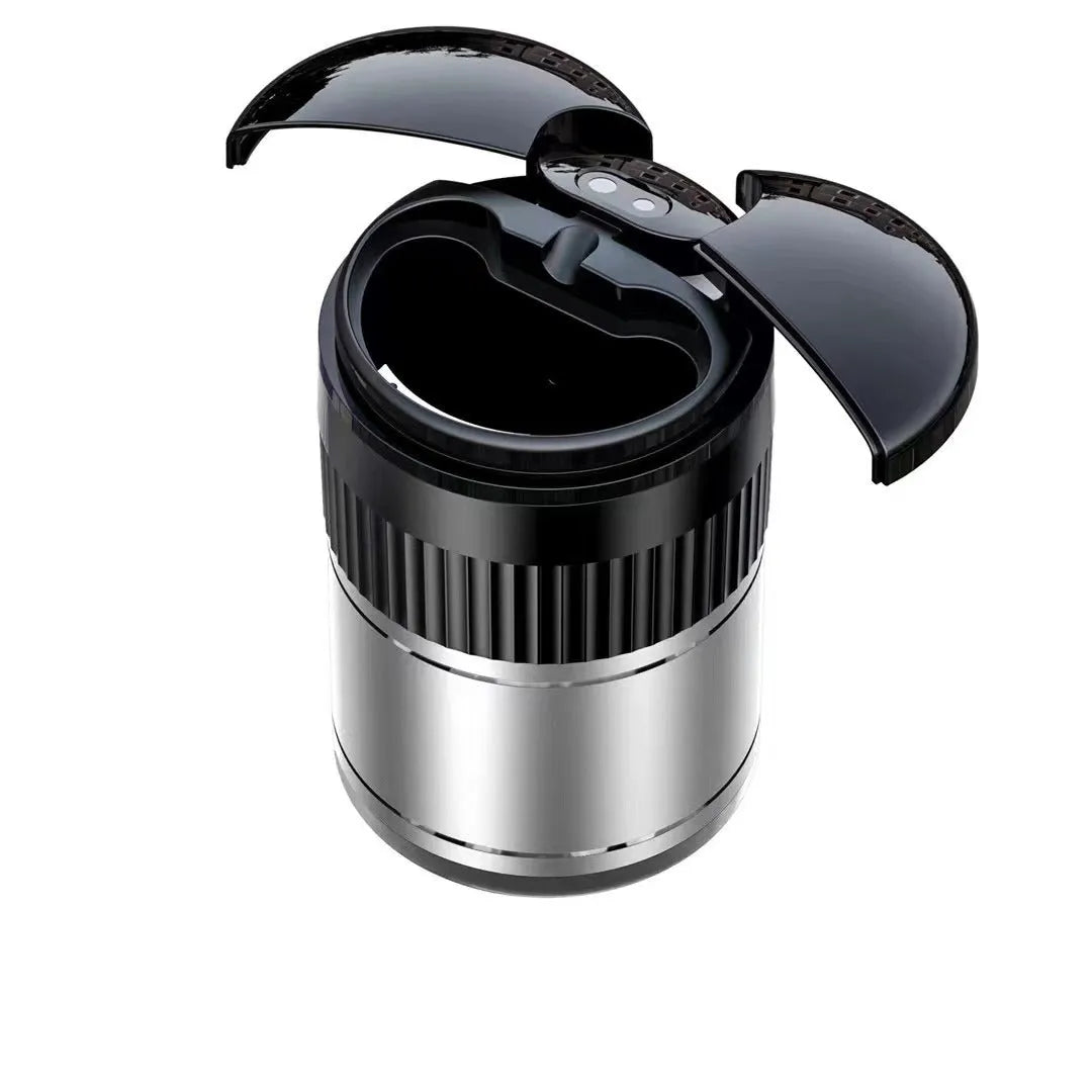 Metal car ashtray with automatic lid measuring 113mm by 72mm in multiple colours