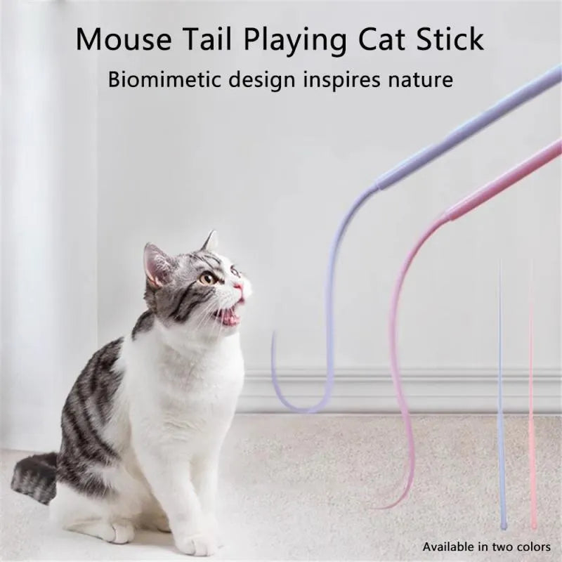 Blue silicone mouse tail cat toy with cat head handle showing 80cm length