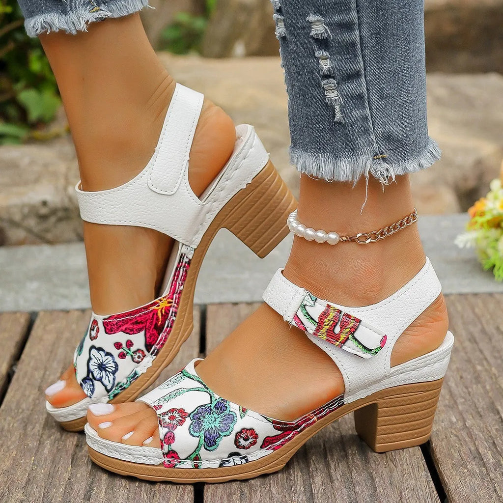 White women's high heel sandals showing the velcro buckle fastening on the strap.