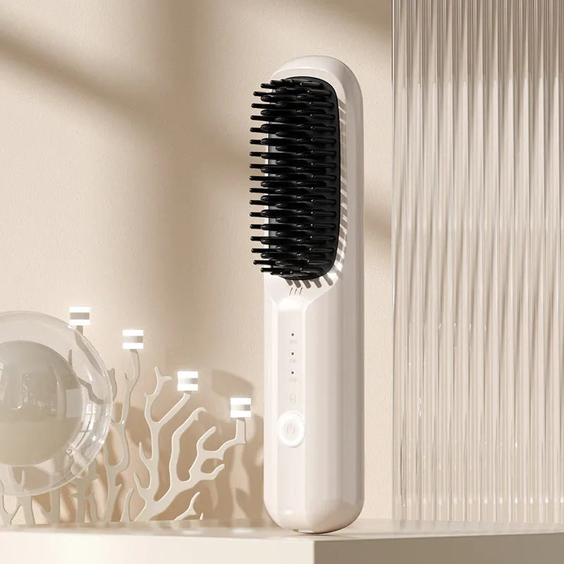 Anion wireless straight comb in beige white colour with ceramic plates and USB Type-C charging port.