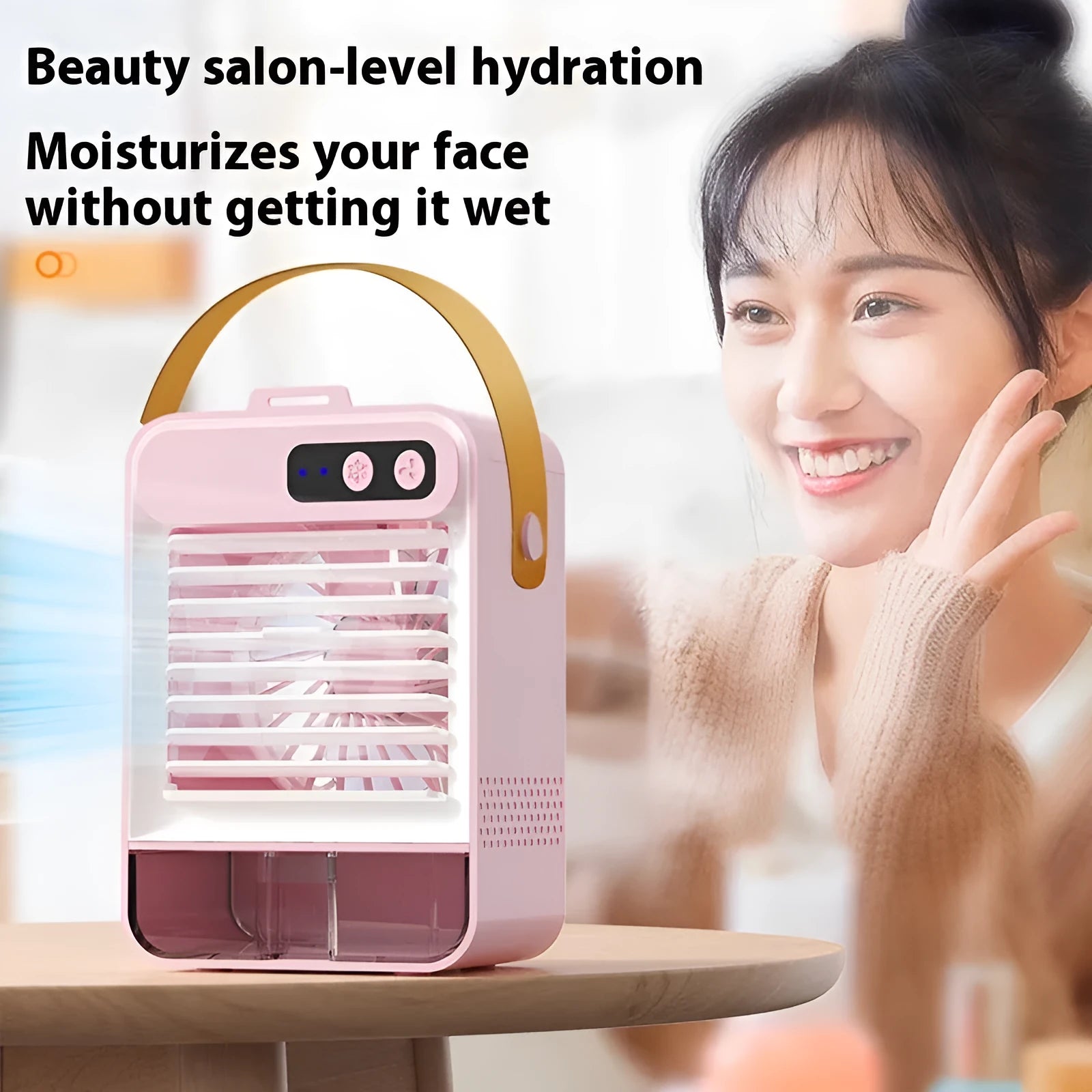 Compact desktop humidifier in dark green with USB port and control buttons