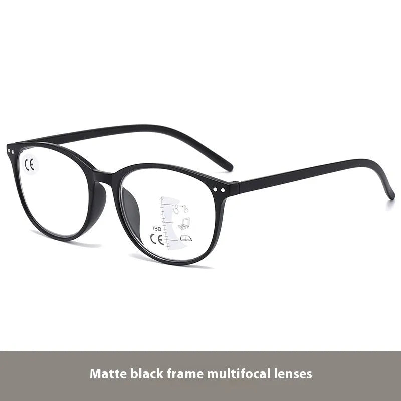 Women's ultra-light presbyopic glasses with multi-focus lenses shown in black and blue frame colour