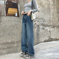 Women's high-waist straight leg jeans in retro blue denim showing three length variations