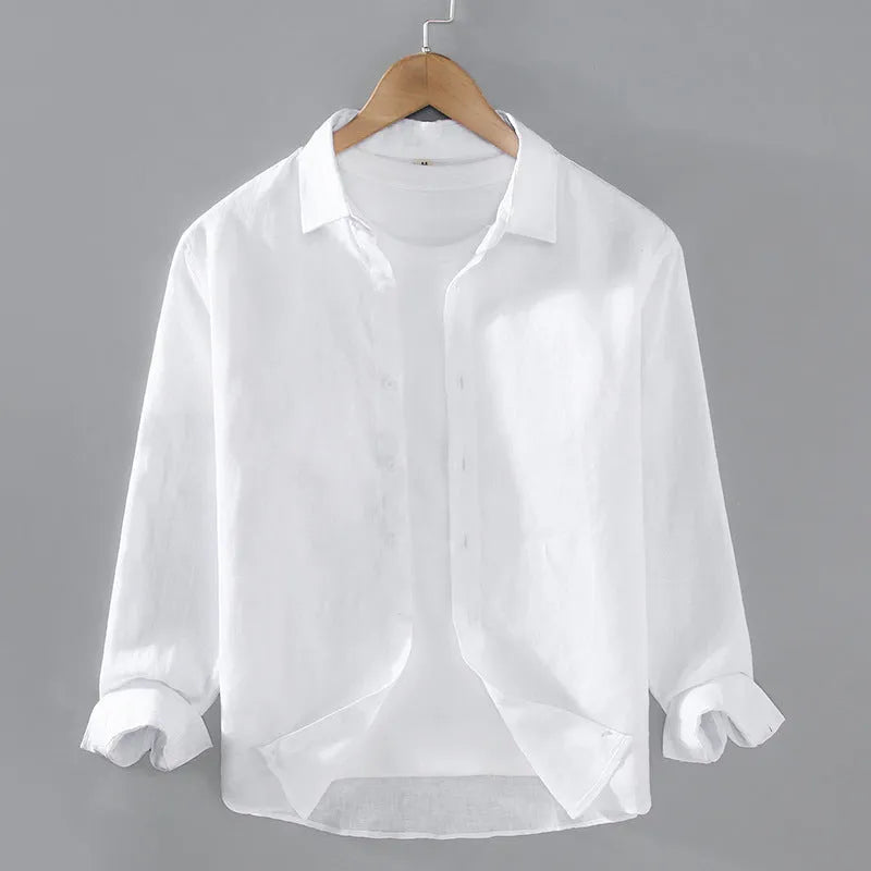 Men's pure linen shirt in cardigan style, shown in a solid earthy colour with long sleeves.