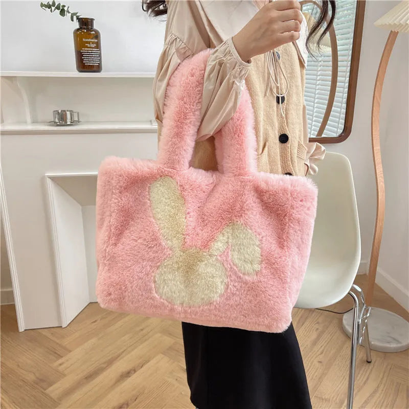 Plush rabbit ears tote bag in solid colour with shoulder strap and large capacity design
