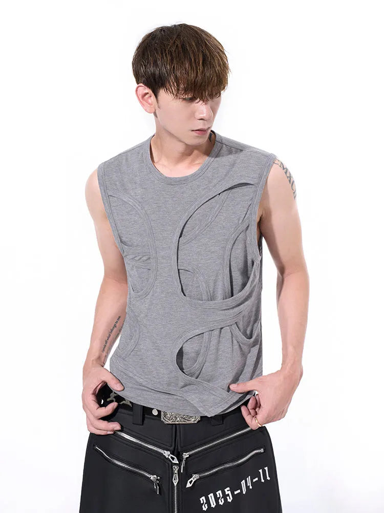 Men's solid colour lyocell vest with round neck collar on a grey background.