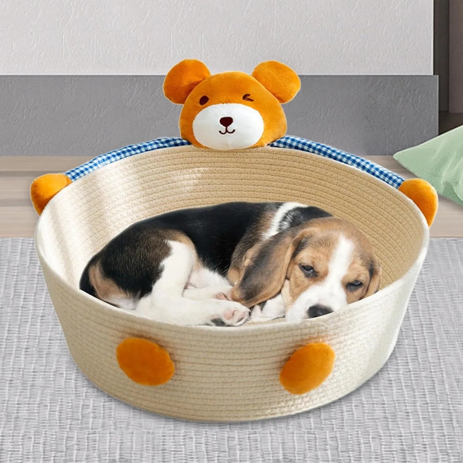Woven cotton rope cat bed basket with scratching board in bear design for indoor furniture protection