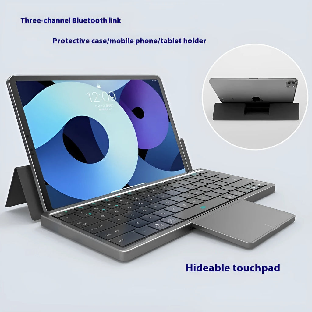 Black and grey three-in-one wireless Bluetooth keyboard with leather sheath and stand for iPad.
