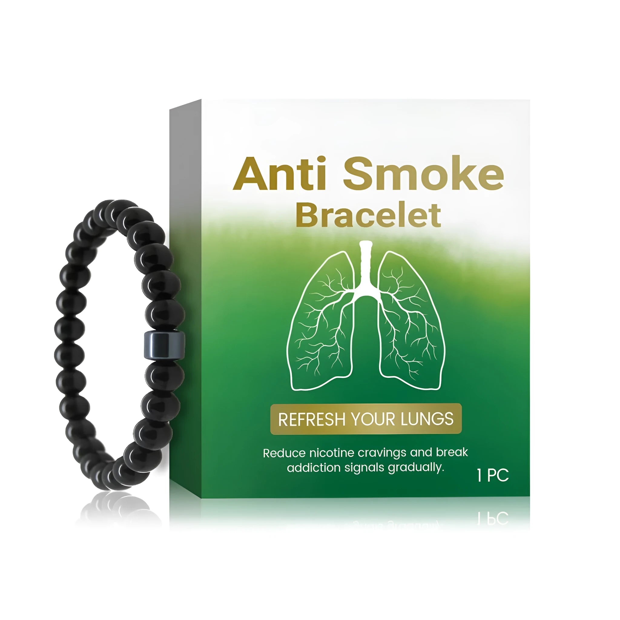 Men's black gallstone and glass bead smoking prevention bracelet with adjustable 20 cm length