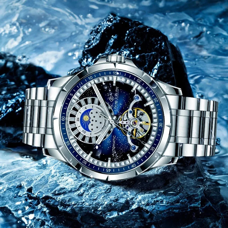 Men's silver case blue dial waterproof automatic mechanical watch with stainless steel strap