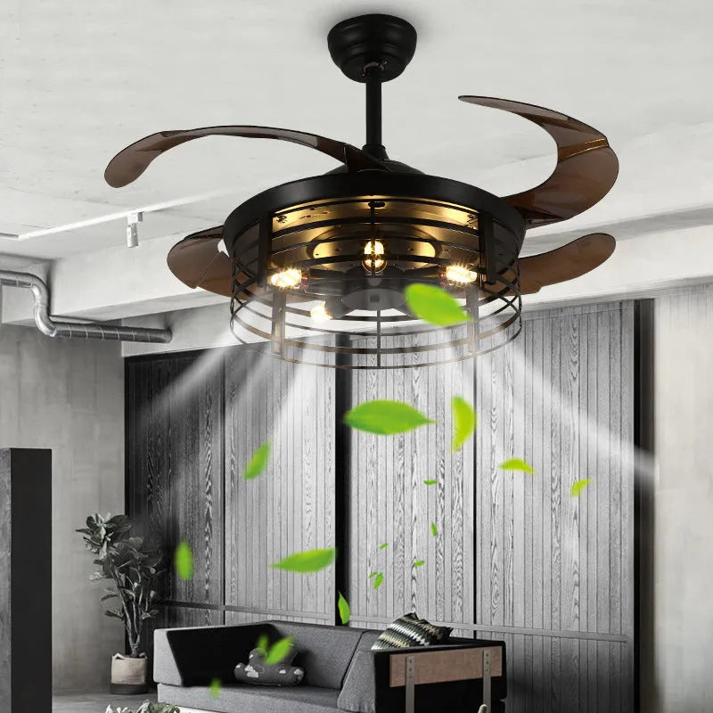 Industrial American retro style ceiling fan with integrated light and invisible acrylic blades.