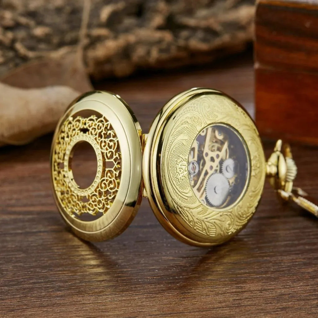 Retro automatic mechanical pocket watch with floral print dial and transparent case back in alloy construction