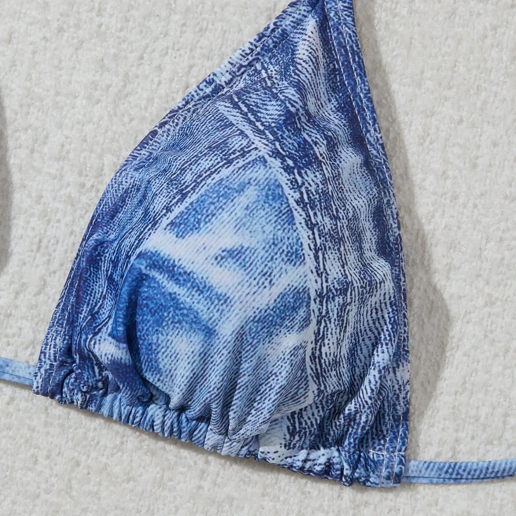 Women's denim blue printed bikini set with strap design showing front and back views