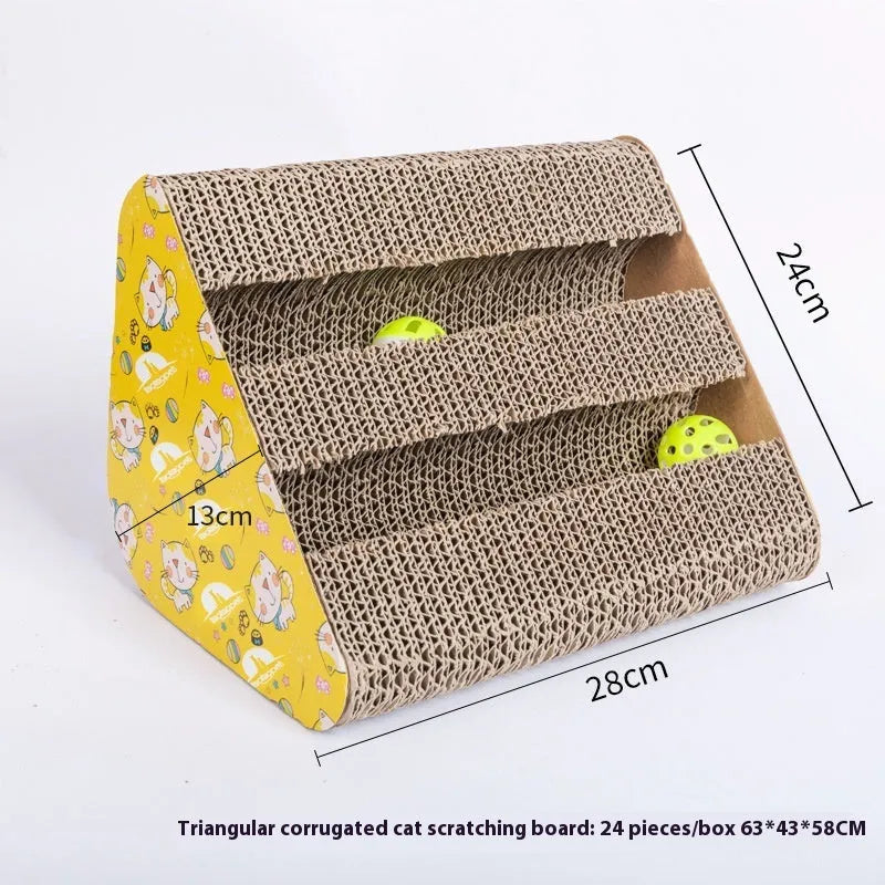 Corrugated cardboard cat scratch board showing seven different shape designs