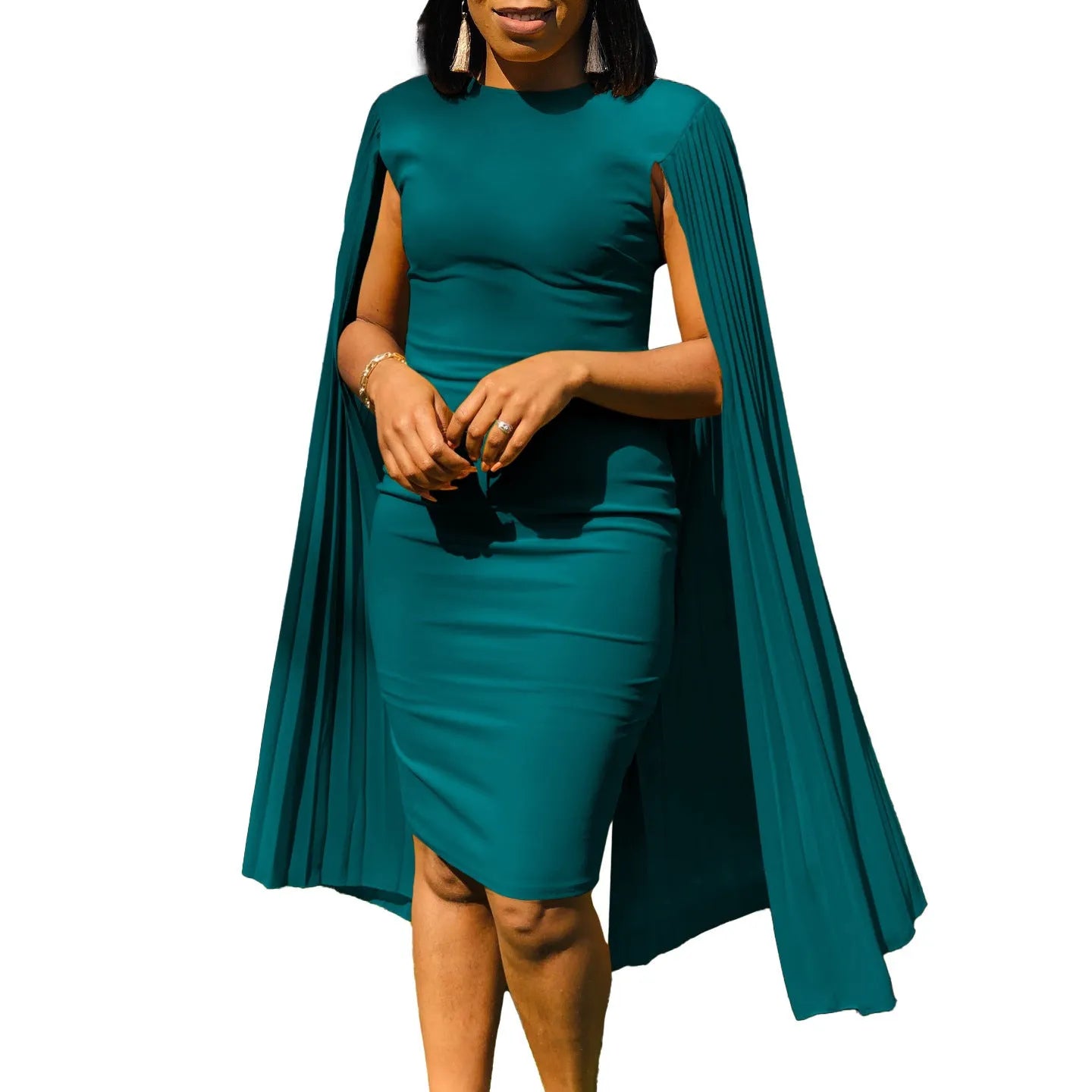 Round neck evening gown with pleated shawl collar and high waist in yellow colour