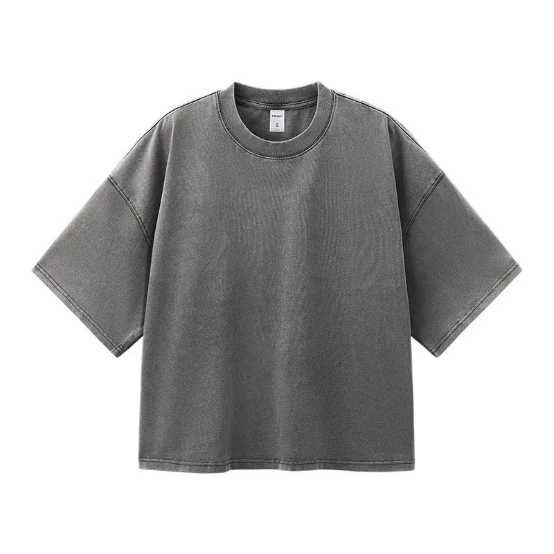 Men's vintage washed cotton T-shirt with loose fit and drop-shoulder sleeves