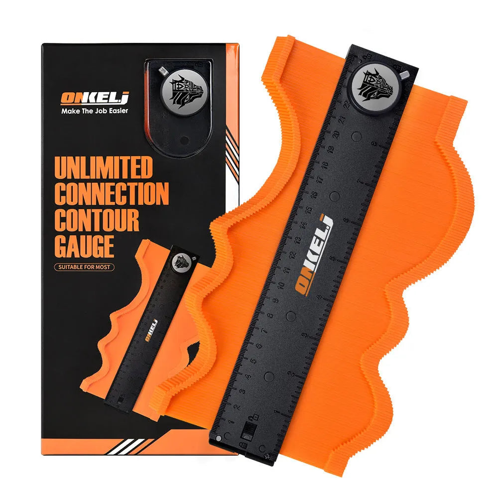 10-inch contour gauge tool with stainless steel pins and a locking belt on a blue ABS body.