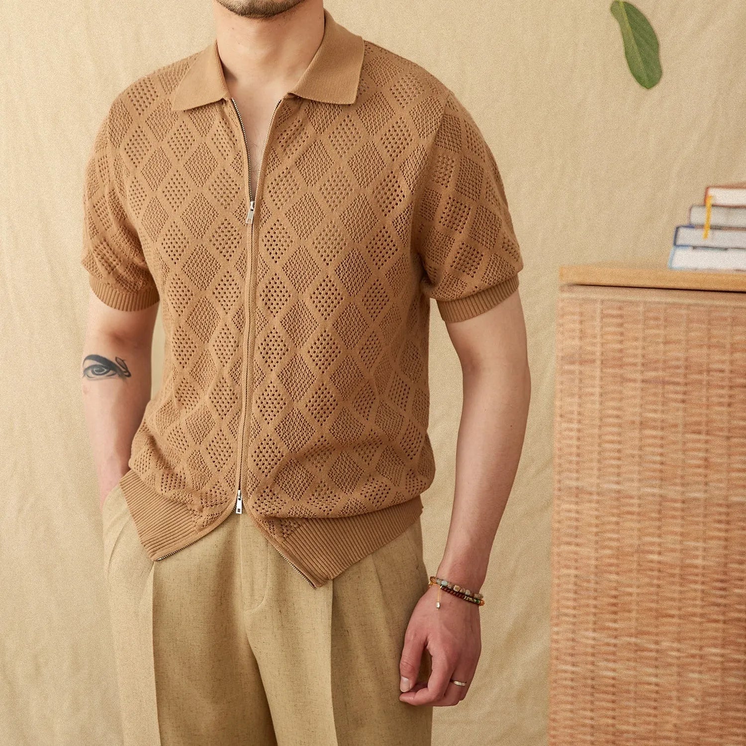 Cotton short sleeve lapel cardigan with zipper front in light brown colour
