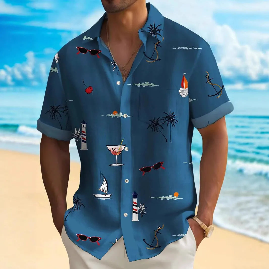 Man wearing a loose-fit digital print Hawaiian shirt with short sleeves, showcasing one of the multi-coloured pattern options.