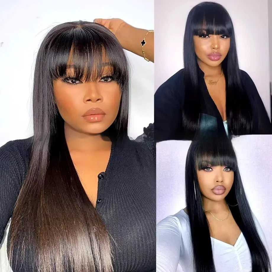 A natural colour human hair straight fringe wig with full-mechanism headgear on a stand.