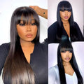 A natural colour human hair straight fringe wig with full-mechanism headgear on a stand.