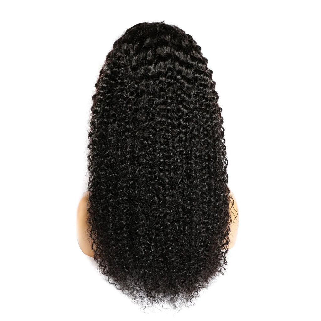 Curly human hair lace front wig shown in a long length, demonstrating its realistic texture and hairline.