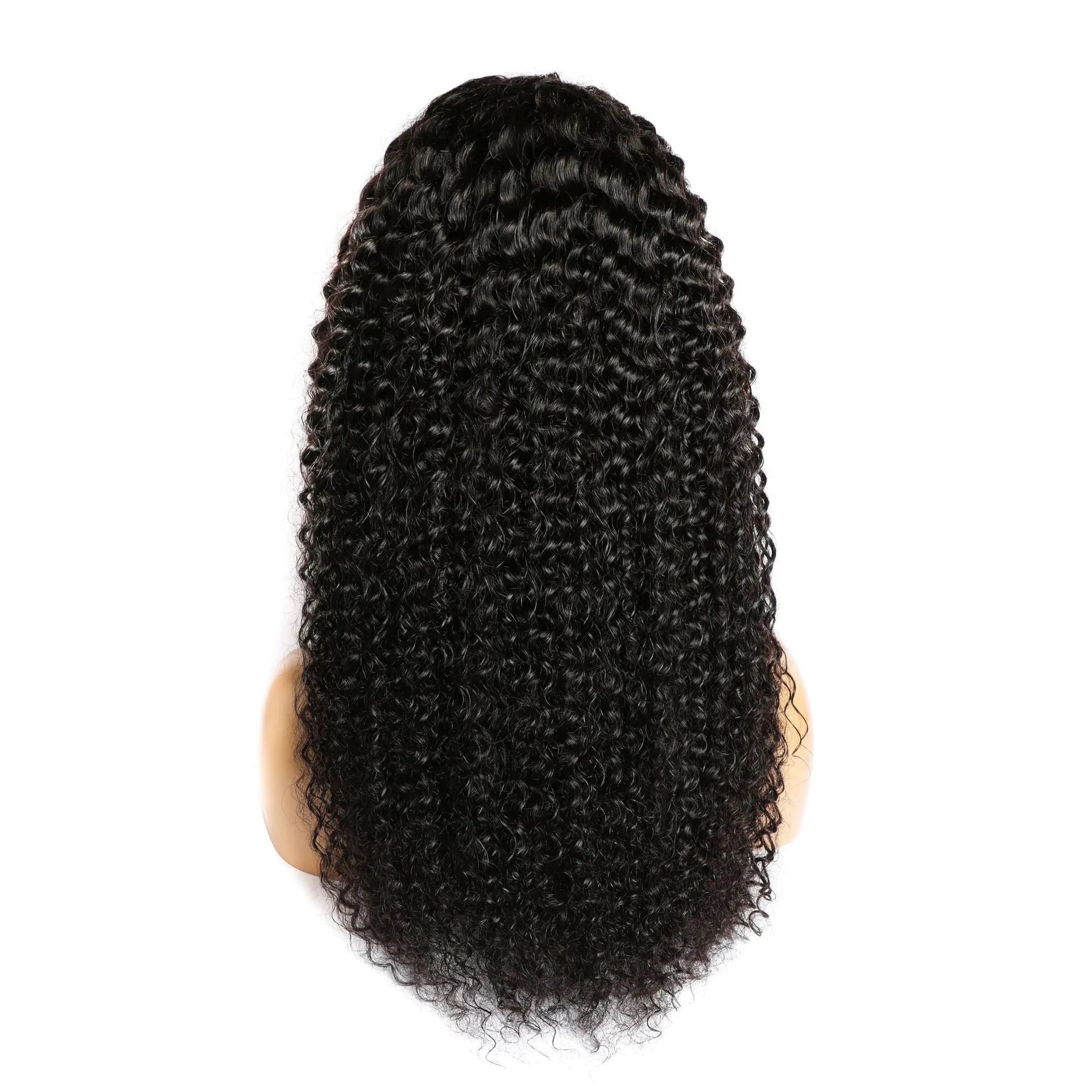 Curly human hair lace front wig shown in a long length, demonstrating its realistic texture and hairline.