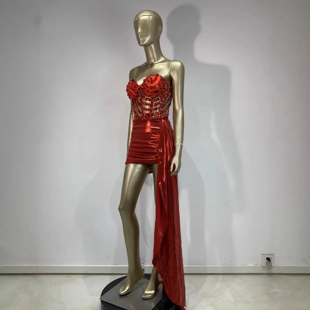 Red spandex skirt suit with hollow mesh see-through design for stage and banquet events