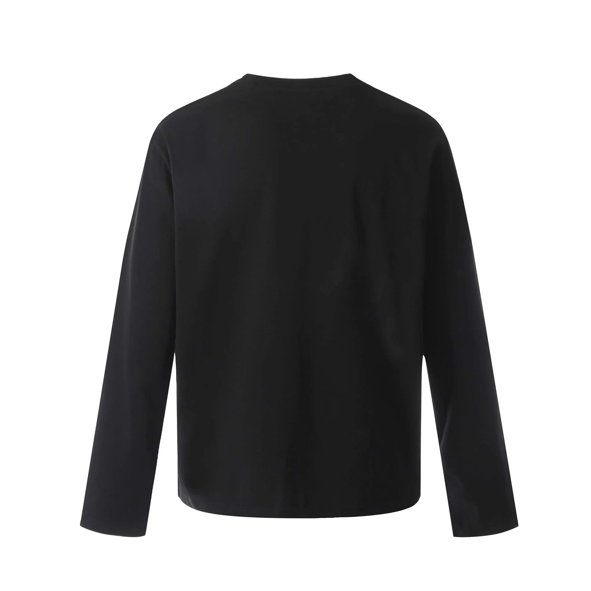 A man's loose-fit black cotton pullover T-shirt with long sleeves in a casual retro style.
