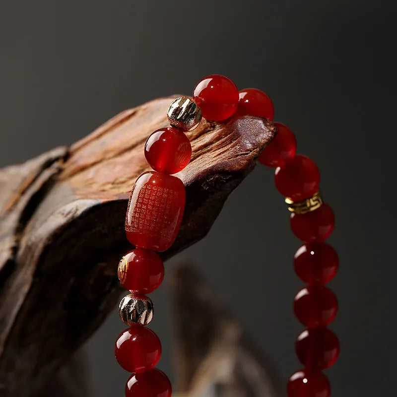 A red agate Guanyin bracelet with edge rosary design and auspicious patterns, unisex New Chinese style.