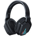 Luminous black wireless gaming headphones with head-mounted design showing ear cushions and adjustable headband