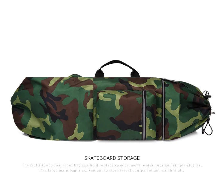 Lightweight waterproof skateboard backpack with camouflage pattern for fishing rods and outdoor sports gear