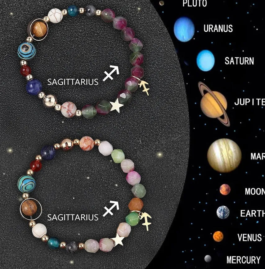 Twelve zodiac sign bracelets with natural stone beads arranged in a circle showing different designs