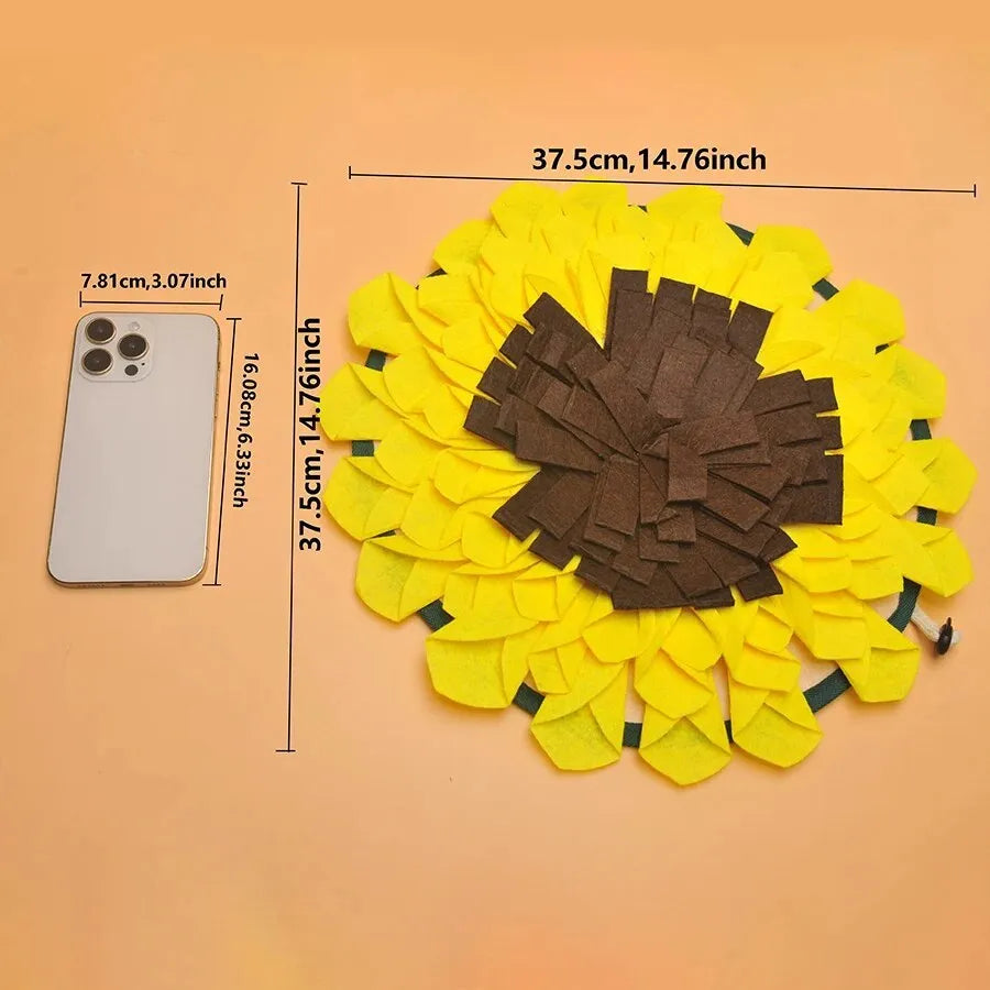 Yellow sunflower-shaped dog snuffle mat with fleece folds for hiding treats.