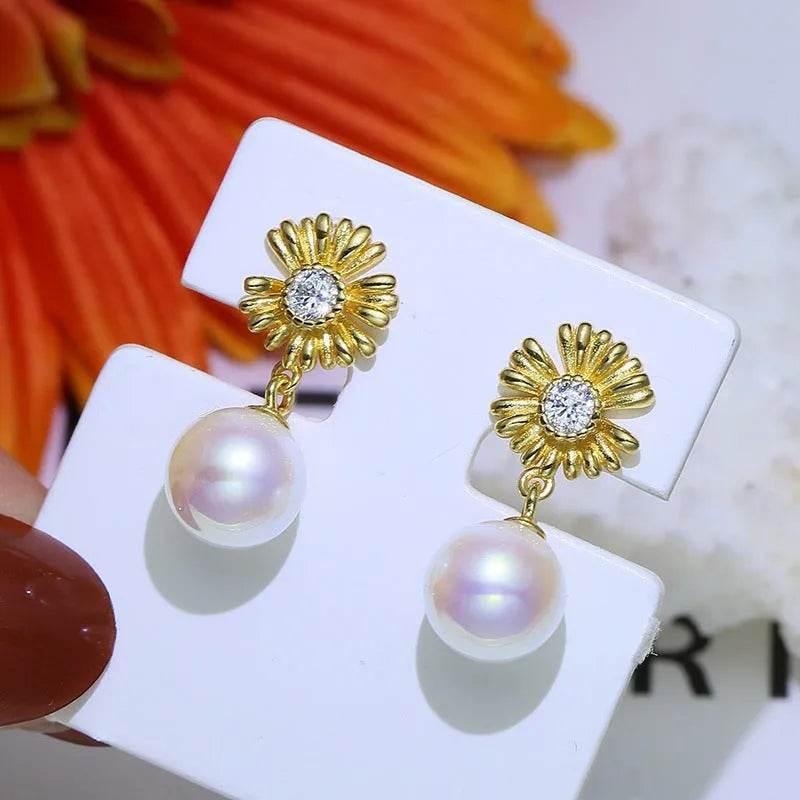 Baroque S925 sterling silver flower earrings with matching silver ring holder for jewellery storage