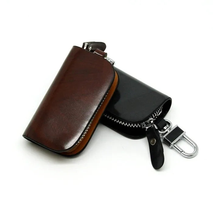 Genuine V-grain cowhide leather car key case in black or brown colour with frosted finish