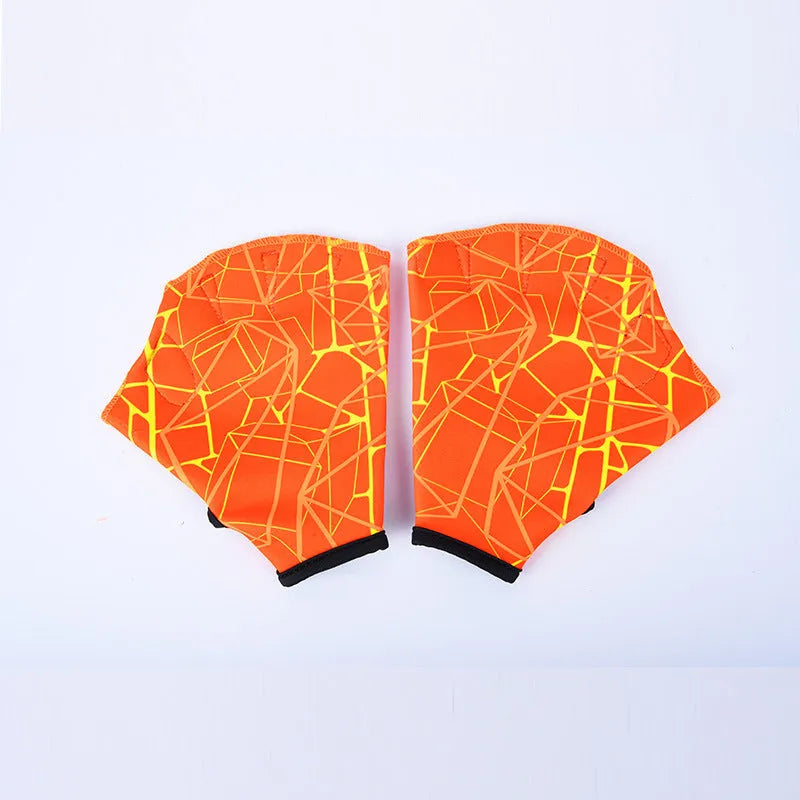 Duck feet webbed swimming gloves in nylon material showing colour print options