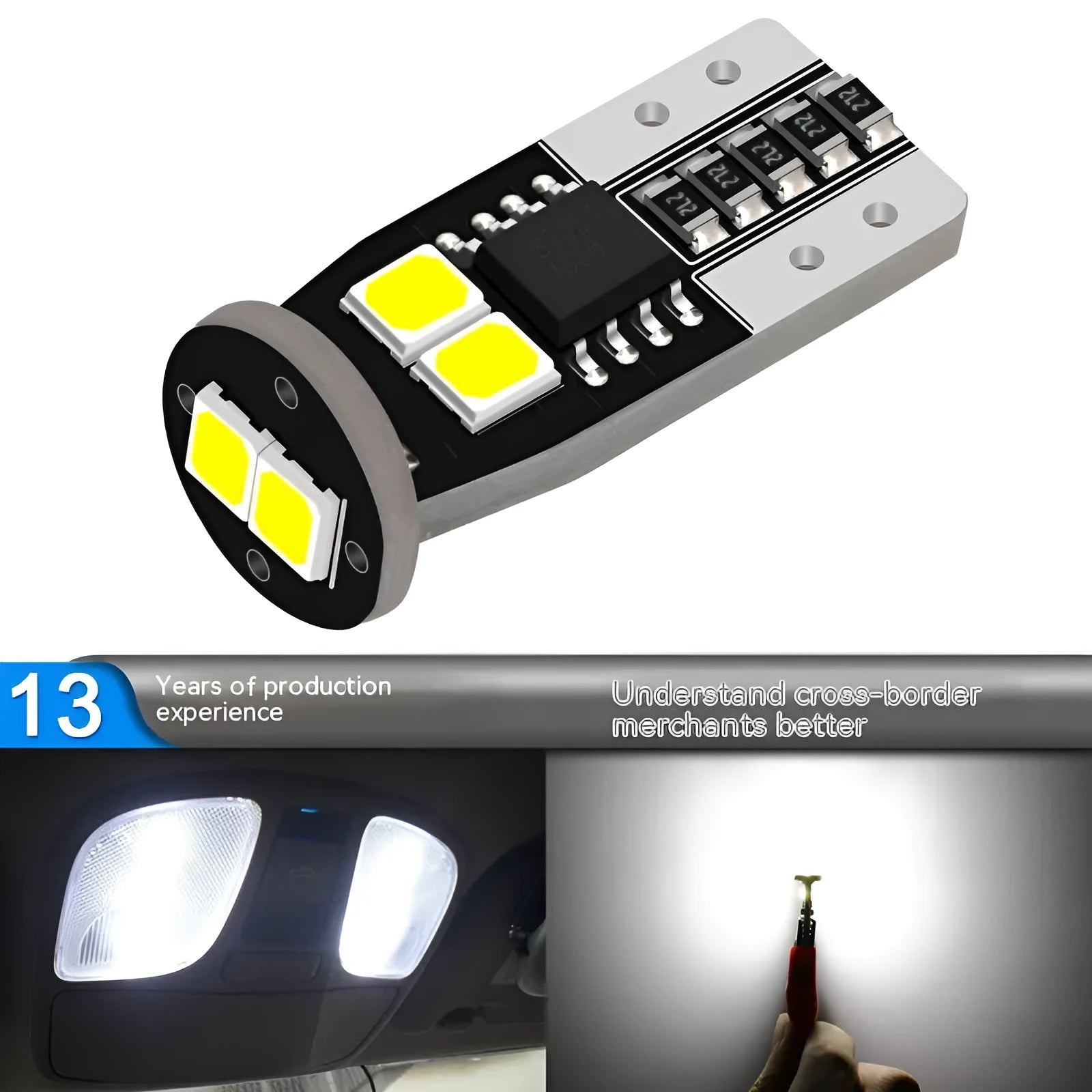 Small white LED car lamp for licence plate lighting on a fibre-glass board.