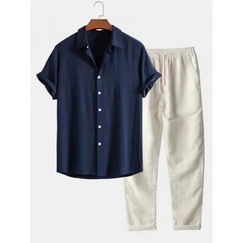 Men's casual short sleeve shirt and trousers suit in polyester linen fabric with loose fit