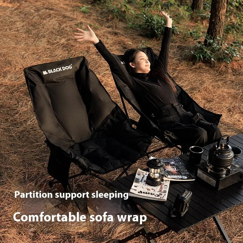 Night black portable camping recliner moon chair with Oxford cloth construction and adjustable backrest folded with carry bag