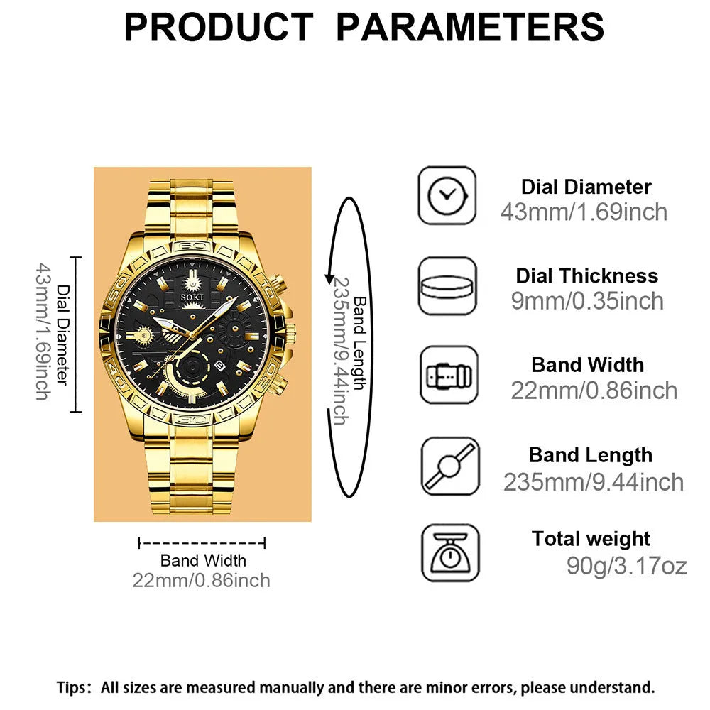 Gold-coloured men's stainless steel business quartz watch with calendar on wrist.