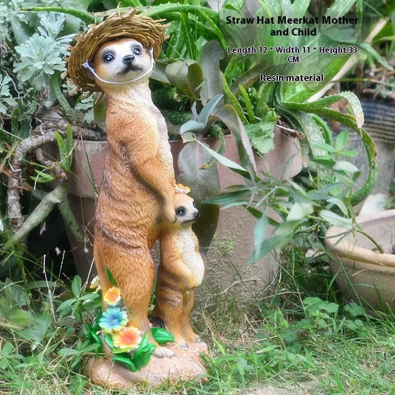 Straw hat mongoose ornament set with gardening tools in yellow brown and straw colour variations