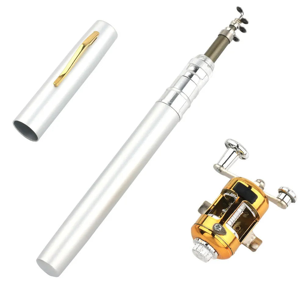 Gold telescopic fishing rod extended from aluminium pen case with ST5RL drum attached