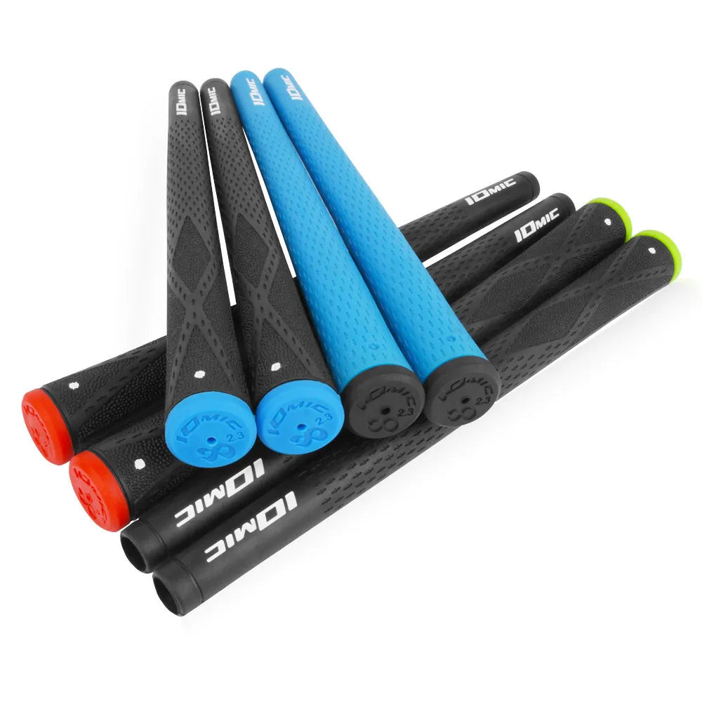 TPE rubber golf club grip in assorted colours including pink, red, blue, white, and black with coloured head accents.