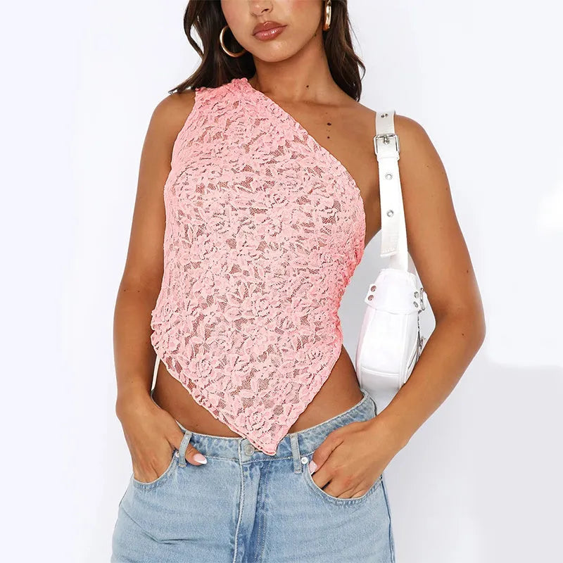 Womans lace backless vest top with asymmetrical sloped neckline in solid colour.